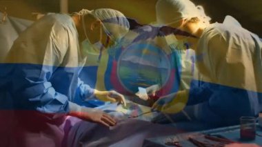 Ekvador bayrağının ameliyathanede cerrahların üzerinde dalgalanması. küresel tıp, covid 19 pandemik konsept sırasında sağlık hizmetleri dijital olarak üretilen video.