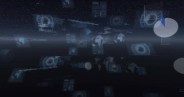 Parlayan ufukta görüntülenen veri işleme ve dürbün animasyonları. küresel bağlantılar, dijital arayüz ve dijital olarak oluşturulmuş video işleme konsepti.