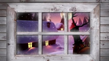 Kışın birçok ev ve ağacın üzerine düşen kara karşı ahşap pencere çerçevesi. Noel şenliği ve kutlama konsepti