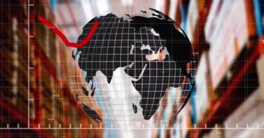 Arka plandaki depoya karşı dönen dünya üzerinde istatistiksel veri işleme. küresel finans ve iş kavramı