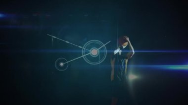 Beden eğitiminde karışık ırk erkek basketbol oyuncusu üzerinden bağlantı ağlarının animasyonu. global spor, bağlantılar ve veri işleme kavramı dijital olarak oluşturulmuş video.