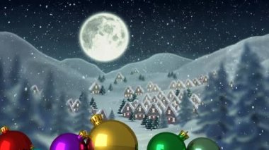 Kar yağarken ve dolunayda rengeyikleriyle kızakta Noel Baba 'nın canlandırması. Noel, gelenek ve kutlama konsepti dijital olarak oluşturuldu.