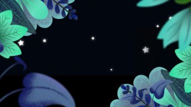 Hareket eden yıldızların üzerinde mavi bitkilerin animasyonu. renk, hareket ve enerji arkaplan kavramı, dijital olarak oluşturulmuş video.