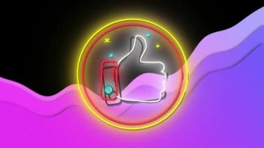 Neon başparmağının canlanması sarı ve kırmızı halkalardaki sembol gibi, siyah üzerine mor dalgalar. communication, social media ve dijital arayüz konsepti dijital olarak oluşturulmuş video.