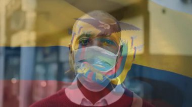 Ekvador bayrağının covid 19 salgını sırasında yüz maskesi takan adamın üzerinde dalgalanması. küresel covid 19 salgın konsepti dijital olarak oluşturulmuş video.