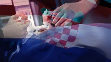 Ameliyathanede cerrahlar yerine Hırvat bayrağının canlandırılması. küresel tıp, covid 19 pandemik konsept sırasında sağlık hizmetleri dijital olarak üretilen video.