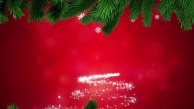Parlayan ışıkların üzerine yağan kar animasyonu kırmızı arka planda Noel ağacı ve köknar ağaçları oluşturuyor. Noel, gelenek ve kutlama konsepti dijital olarak oluşturuldu.