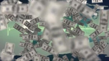 Dünya haritasında yüzen Amerikan dolarlarının animasyonu. küresel iş, finans ve bağlantılar konsepti dijital olarak oluşturulmuş video.