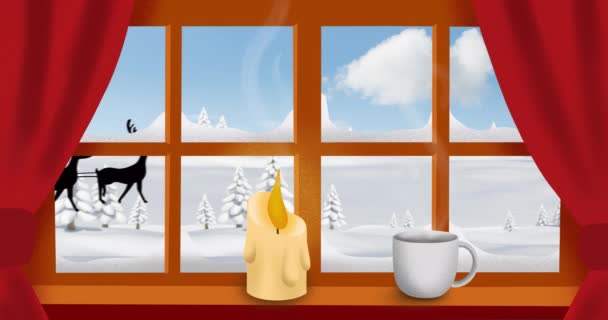 Animáció a Mikulás szán rénszarvasok látható az ablakon keresztül. karácsony, hagyomány és ünnepség koncepció digitálisan generált videó.