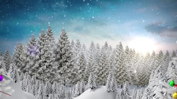 Neve Che Cade Due Alberi Natale Bianchi Sul Paesaggio Invernale — Video Stock