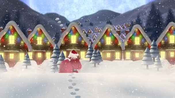 冬の風景の中 サンタや複数の家や木の後ろの景色に雪が降っています クリスマス フェスティバルとお祝いのコンセプト — ストック動画