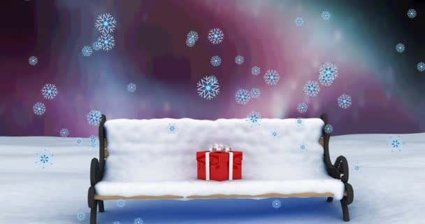 Анімація Снігу Падає Над Лавкою Зимових Пейзажах Різдво Традиція Концепція — стокове відео