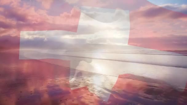 Digital Sammansättning Viftande Switzerland Flagga Mot Antenn Utsikt Över Stranden — Stockvideo