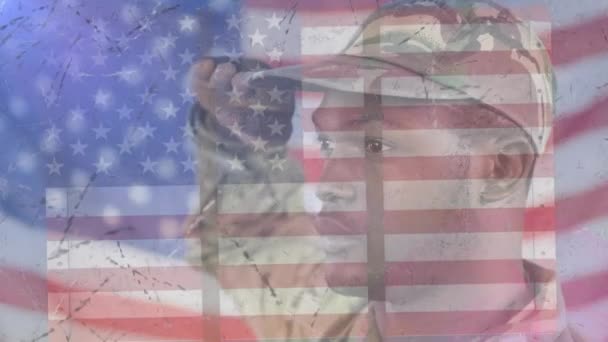Happy Presidents Day Text American Flag African American Soldier Salutting — Stockvideo