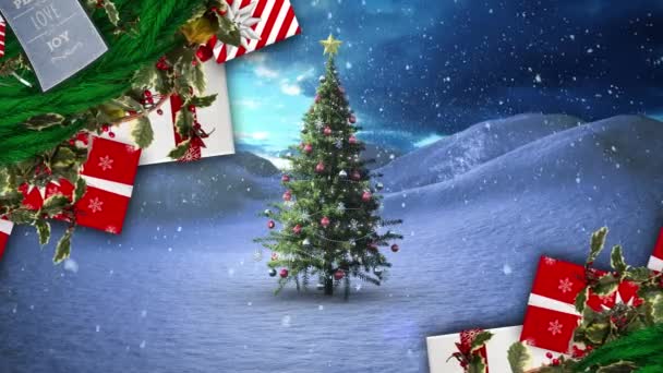 Decorazione Corona Natale Regali Contro Neve Che Cade Sopra Albero — Video Stock