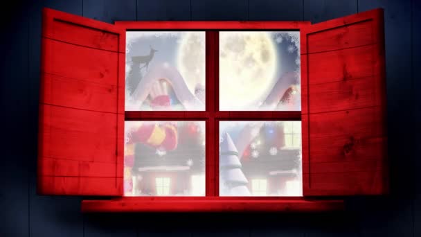 Animatie Van Kerstboom Winterlandschap Met Meisje Zwaaiende Hand Santa Claus — Stockvideo