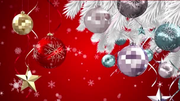 Animazione Neve Che Cade Rami Abete Decorazioni Natale Inverno Tradizione — Video Stock