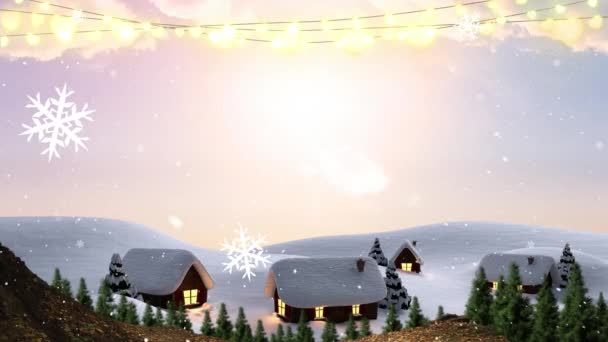 Kış Manzarasında Evlerin Üzerine Düşen Kar Tanelerinin Yılbaşı Işıklarının Animasyonu — Stok video