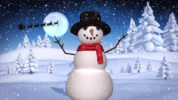 雪は夜空の月に対する冬の風景の上で雪だるまに降っています クリスマス フェスティバルとお祝いのコンセプト — ストック動画