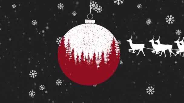 Animazione Babbo Natale Slitta Con Renne Bauble Neve Che Cade — Video Stock