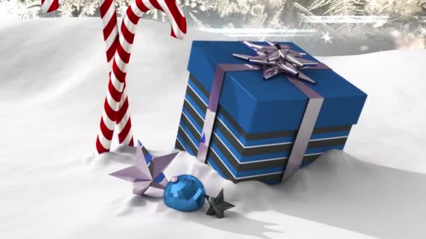 Animation Snow Falling Christmas Candies Present Grey Background Christmas Tradition — Stock Video