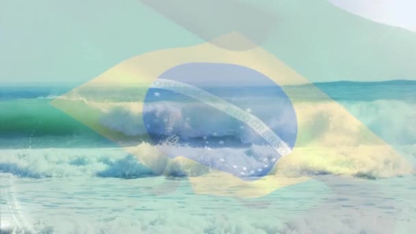 Digital Composition Waving Brazil Flag Aerial View Waves Sea National — Stock Video