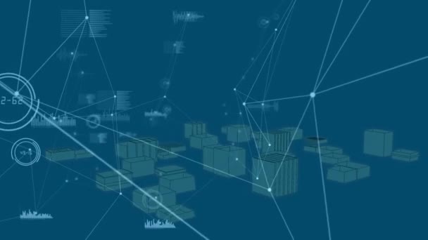 Анімація Мережі Єднань Обробки Даних Над Містом Синьому Фоні Глобальний — стокове відео