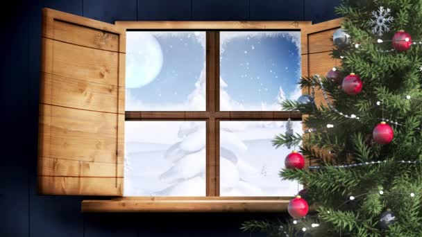Animación Del Paisaje Invernal Trineo Santa Vista Través Ventana Navidad — Vídeos de Stock