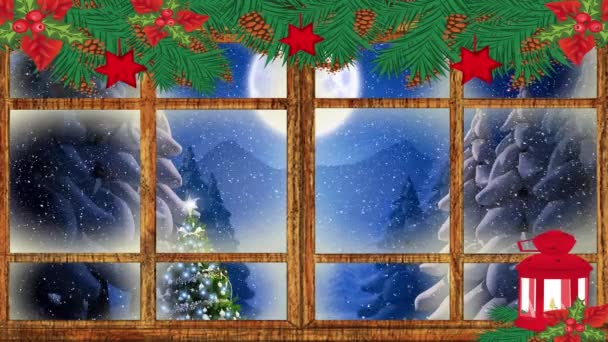窓から見える雪の上にトナカイと一緒にそりでサンタのクラスのアニメーション クリスマス お祝いのコンセプトをデジタルで — ストック動画