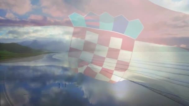 Cyfrowa Kompozycja Falującej Chorwackiej Flagi Widokiem Powietrza Plażę Krajowa Koncepcja — Wideo stockowe