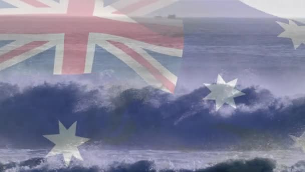 Digitális Összetétele Ausztrál Zászló Integetett Ellen Légi Kilátás Hullámok Tengerben — Stock videók