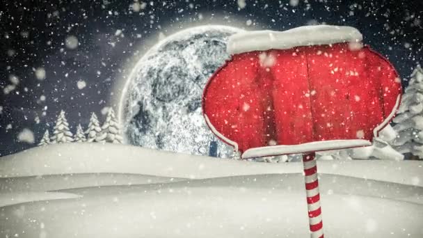 Kış Manzarasında Kırmızı Ahşap Tabela Direğinin Üzerine Yağan Kar Gece — Stok video