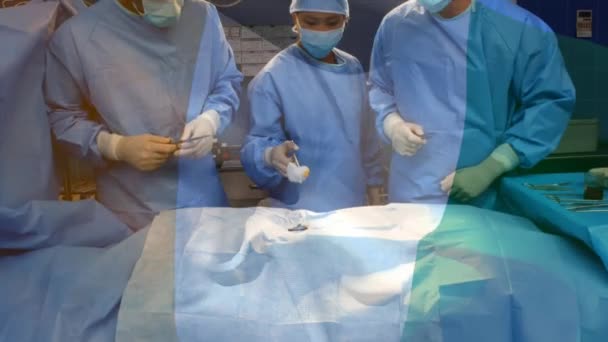 手术室里 在外科医生面前挥动着的黑人旗帜的动画 全球医学 围产期保健服务 数码制作的19种流行病概念视频 — 图库视频影像