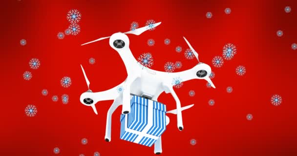 Animação Neve Caindo Sobre Drone Carregando Presente Fundo Vermelho Natal — Vídeo de Stock