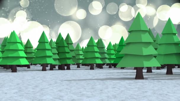 灰色の背景に浮かぶ光のスポットに対する冬の風景の上に複数の木 クリスマス フェスティバルとお祝いのコンセプト — ストック動画