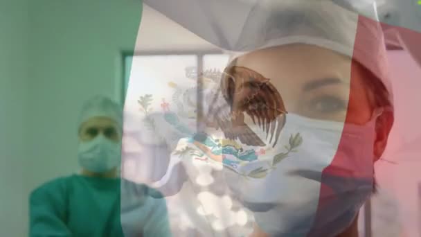 Animação Bandeira México Acenando Sobre Cirurgiões Teatro Operações Medicina Global — Vídeo de Stock