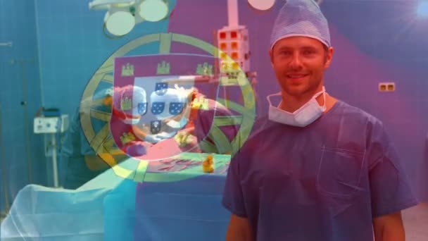 Animación Bandera Portugal Ondeando Sobre Cirujanos Quirófano Medicina Global Servicios — Vídeo de stock