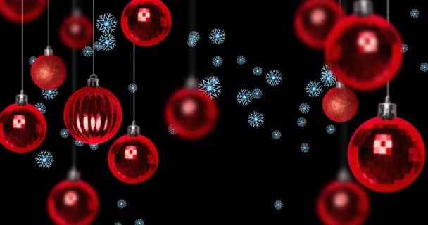 Снег Падает Красные Безделушки Черном Фоне Рождество Традиции Концепция Празднования — стоковое видео