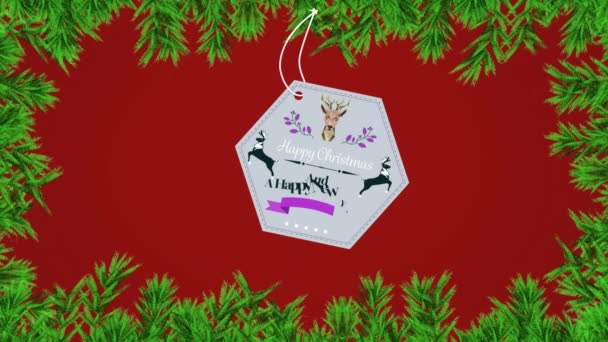 Анімація Різдвяних Привітань Мітці Над Гілками Ялинки Червоному Тлі Різдво — стокове відео