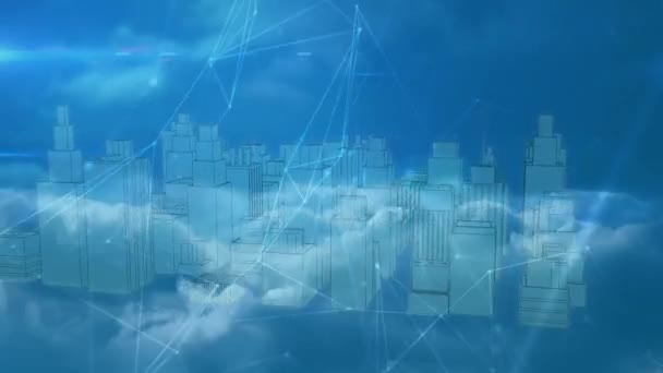 Animation Von Verbindungsnetzen Und Datenverarbeitung Über Stadt Und Wolken Globales — Stockvideo