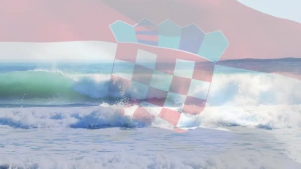 Digitale Komposition Des Schwenkens Der Kroatischen Flagge Gegen Die Wellen — Stockvideo