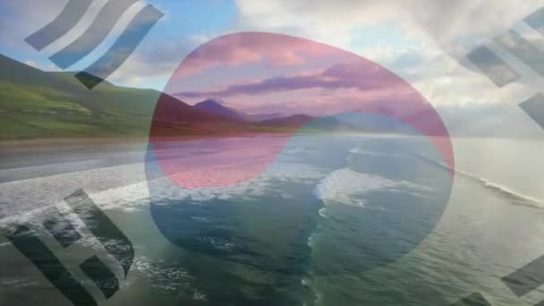 Kompozycja Cyfrowa Falistej Flagi Korei Południowej Widokiem Powietrza Plażę Morze — Wideo stockowe