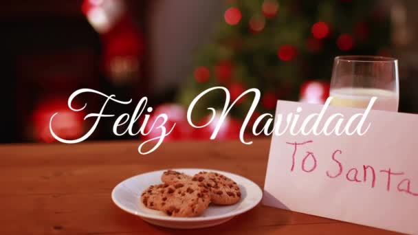 サンタ クラスとクリスマスツリーのためのクッキーとミルクに関するフェリズ ナビゲートの挨拶のアニメーション クリスマス 伝統とお祝いのコンセプトデジタルで生成されたビデオ — ストック動画