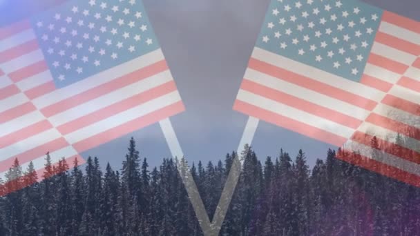 幸せなマーティン ルーサー王Jrの日のテキストと木と風景に対するアメリカの旗 アメリカの愛国心とマーティン ルーサー キングJrデーのお祝いのコンセプト — ストック動画