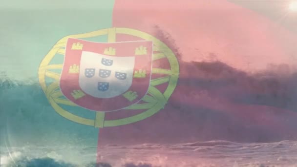 Digitale Samenstelling Van Zwaaiende Portugal Vlag Tegen Luchtbeeld Van Golven — Stockvideo