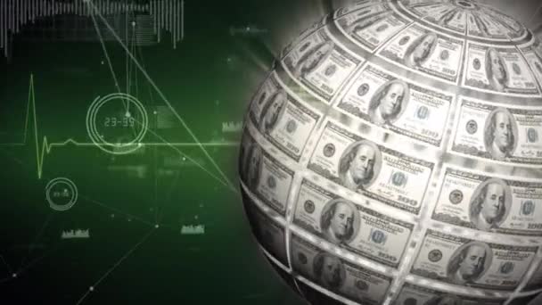 Animasi Uang Kertas Dolar Amerika Berputar Atas Jaringan Koneksi Global — Stok Video