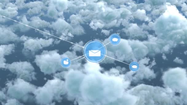 Mavi Gökyüzündeki Bulutların Üzerinde Dijital Simgelerin Oluşturduğu Bir Küresel Oluşturma — Stok video