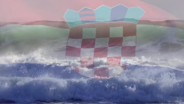 Digitális Összetétele Hullámzó Horvát Zászló Ellen Hullámok Tengerben Nemzeti Idegenforgalmi — Stock videók