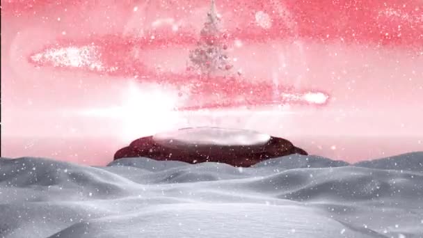 雪の世界でクリスマスツリーの周りの流れ星に対する冬の風景の上に落ちる クリスマス フェスティバルとお祝いのコンセプト — ストック動画
