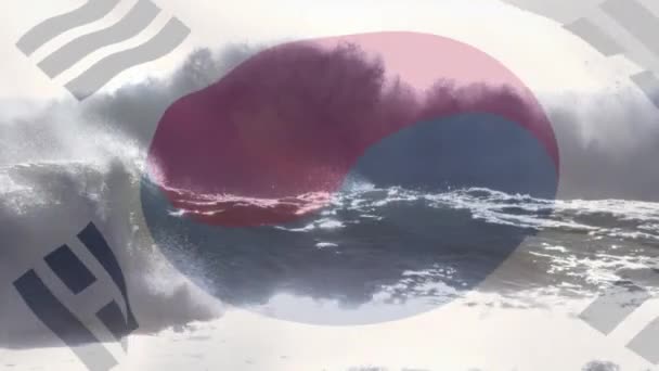 Cyfrowy Skład Falującej Flagi Korei Południowej Przed Falami Morzu Krajowa — Wideo stockowe